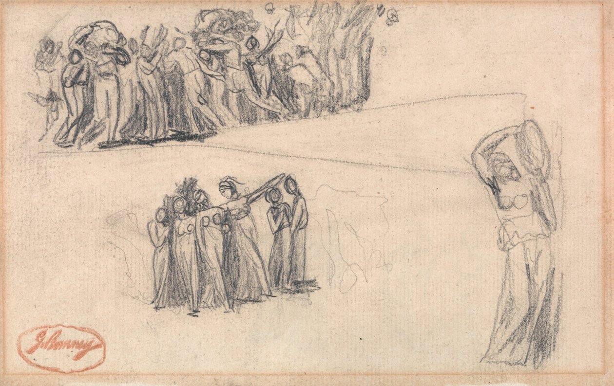 Dois esboços de mulheres e crianças em fuga e de uma figura feminina de pé a tocar pandeireta, como para Lady Anne Leveson em "Dancing Gower Children" de George Romney