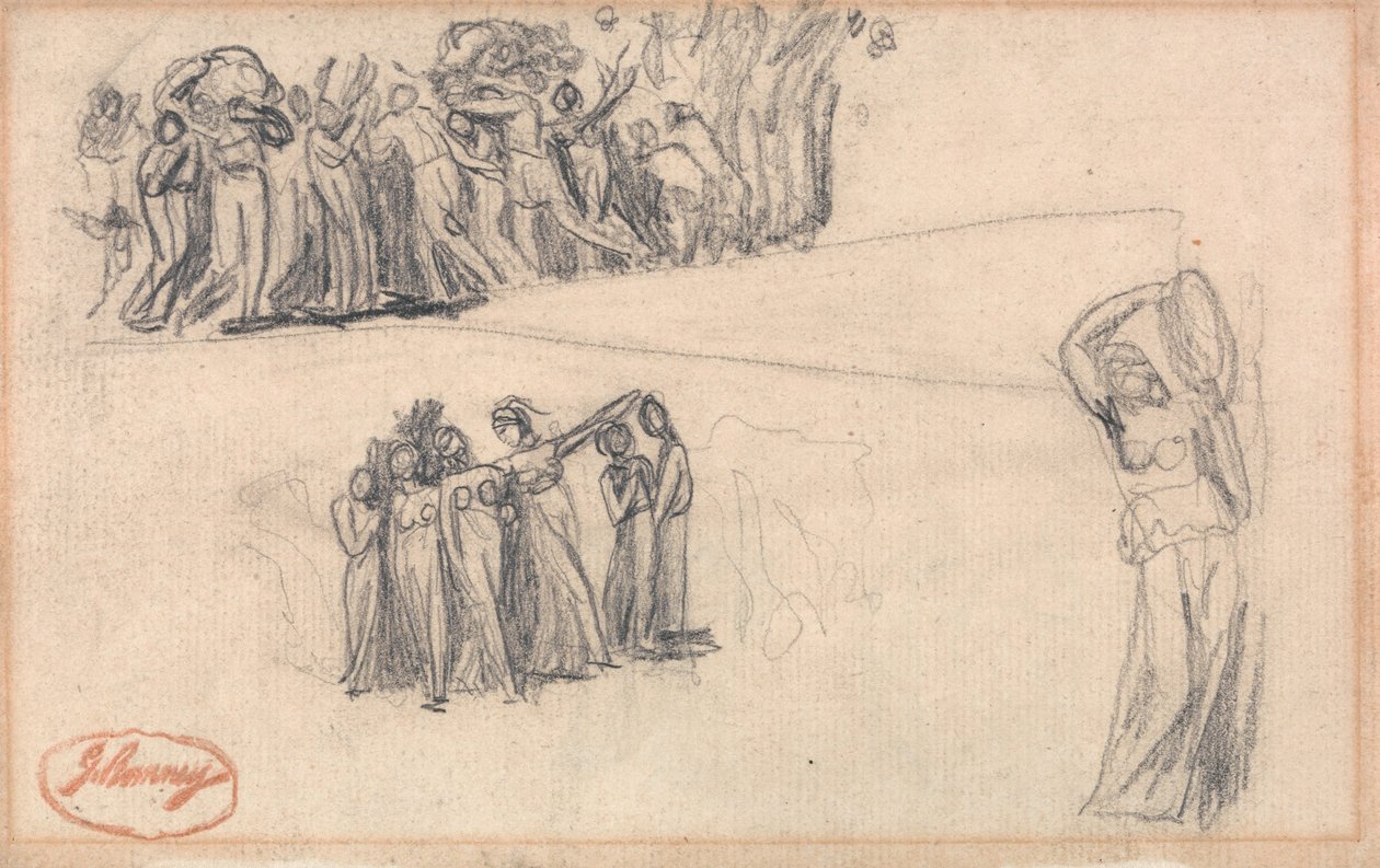 Dois esboços de mulheres e crianças em fuga e uma figura feminina em pé a tocar pandeiro, tal como para Lady Anne Leveson em «Dancing Gower Children» de George Romney