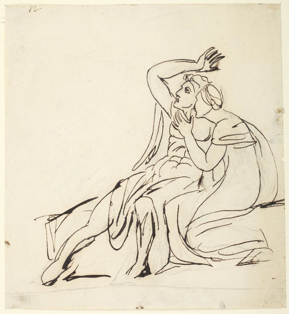 Duas figuras sentadas; Verso: estudos de um grupo de três figuras de George Romney