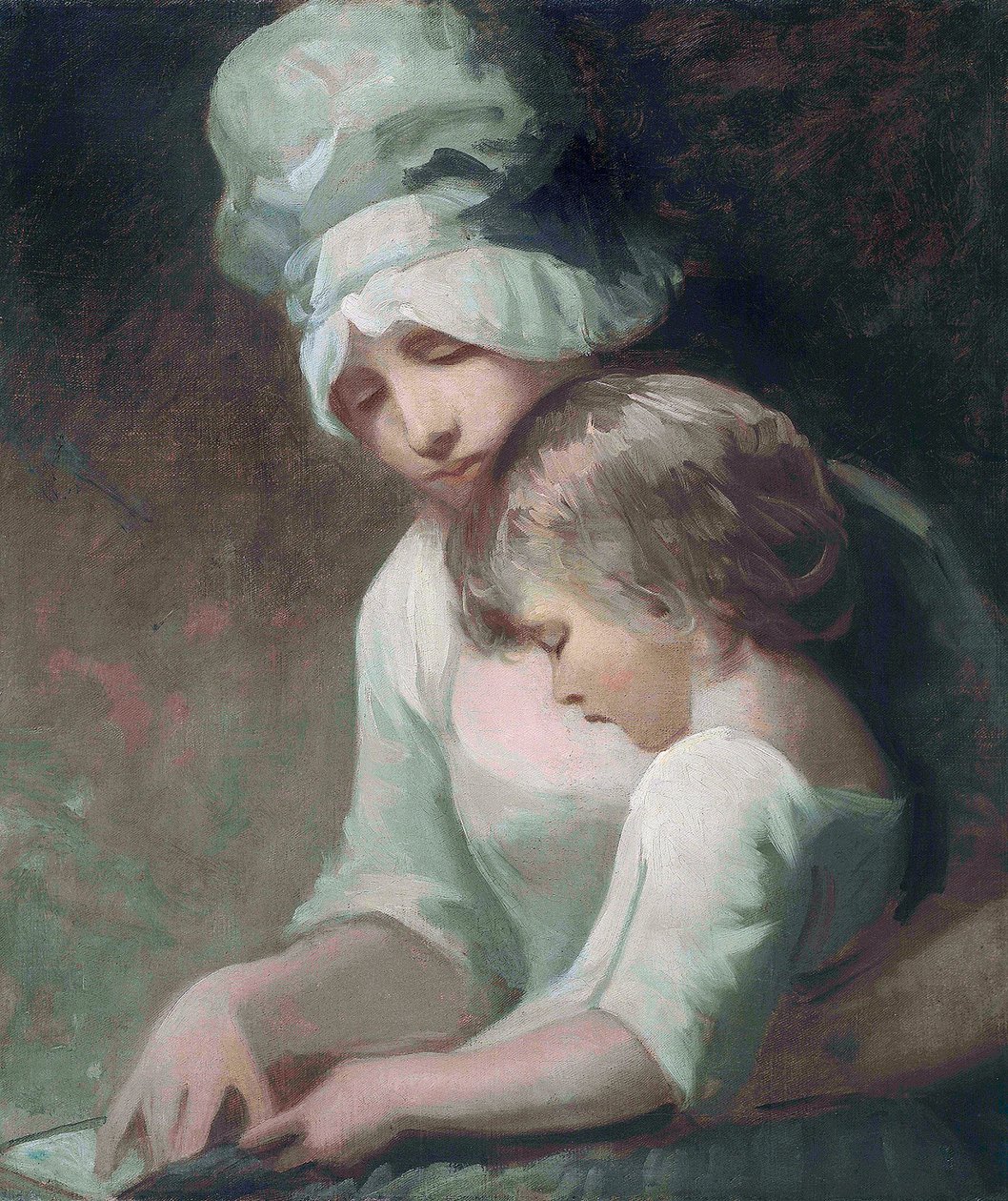 "Une mere et son enfant lisant" (Madame Cumberland et son fils) (A Mother and Child Reading) (Sra. Cumberland e seu filho) Peinture de George Romney (1734-1802) - Óleo sobre tela Dim 63,5x53,7 cm Colecção Privada de George Romney