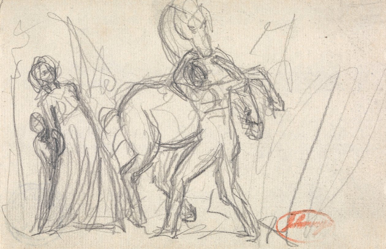 Indivíduos não identificados: mulher, criança, homem e cavalo de George Romney