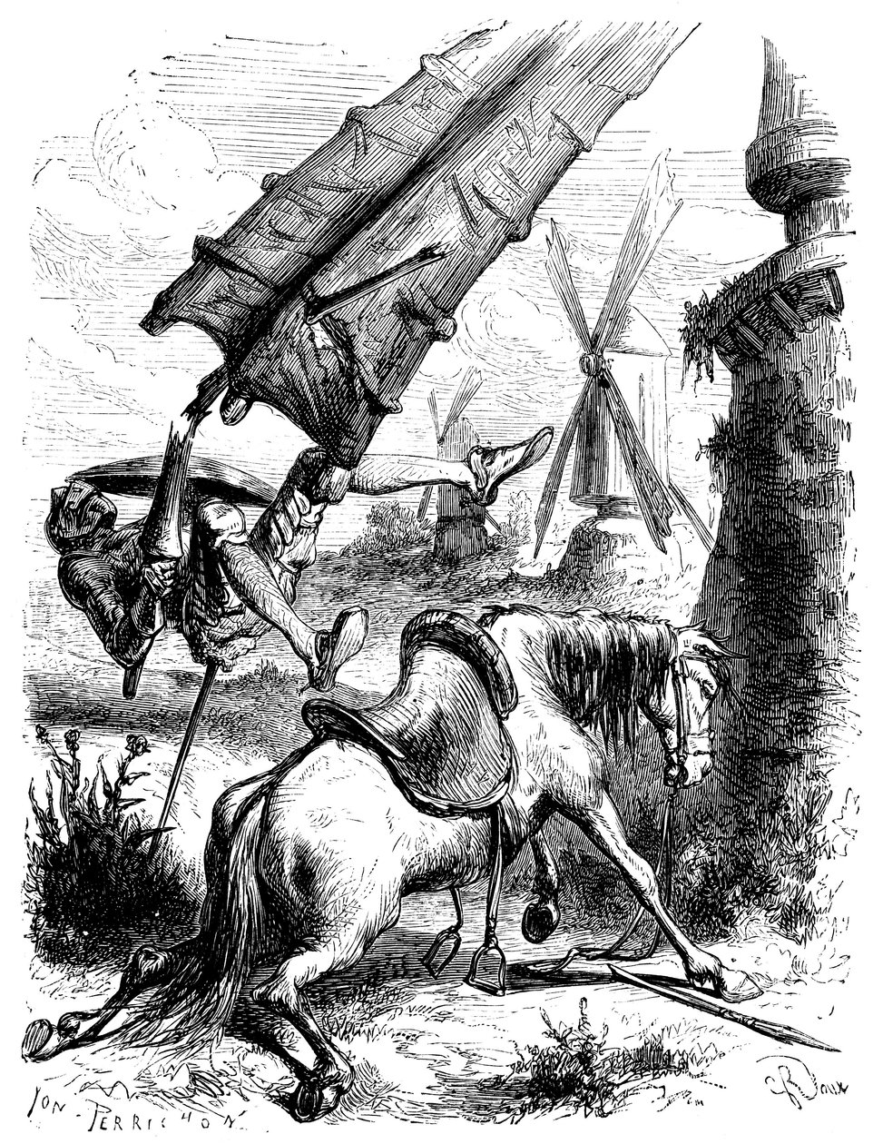 Batalha contra os moinhos: Dom Quixote e Rossinante são atirados ao chão pela asa de um moinho de George Roux