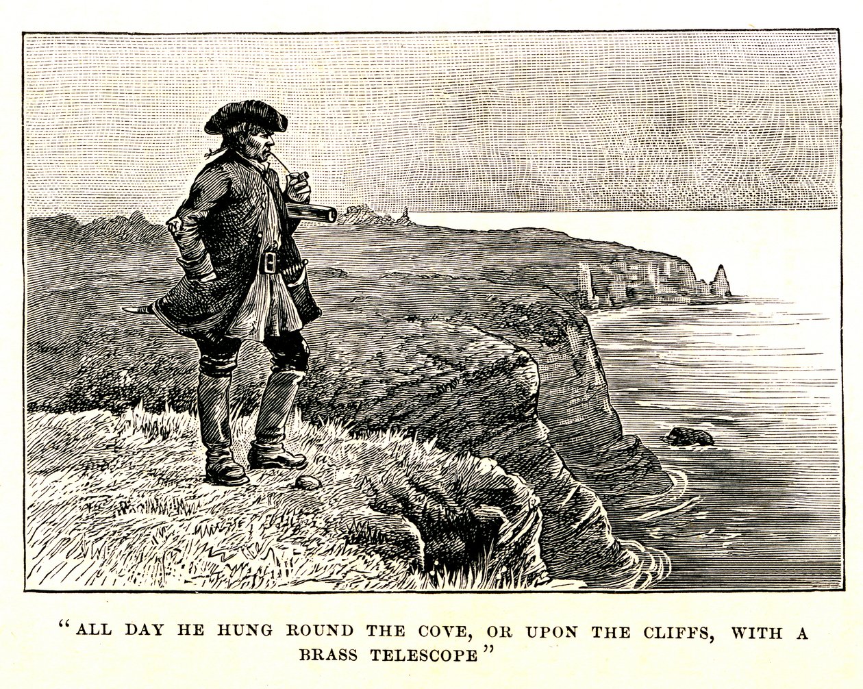 O Capitão Billy Bones observa a chegada dos piratas a partir do penhasco de George Roux