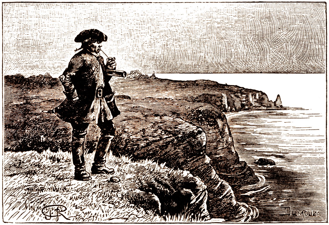 O Capitão Billy Bones observa a chegada dos piratas de George Roux