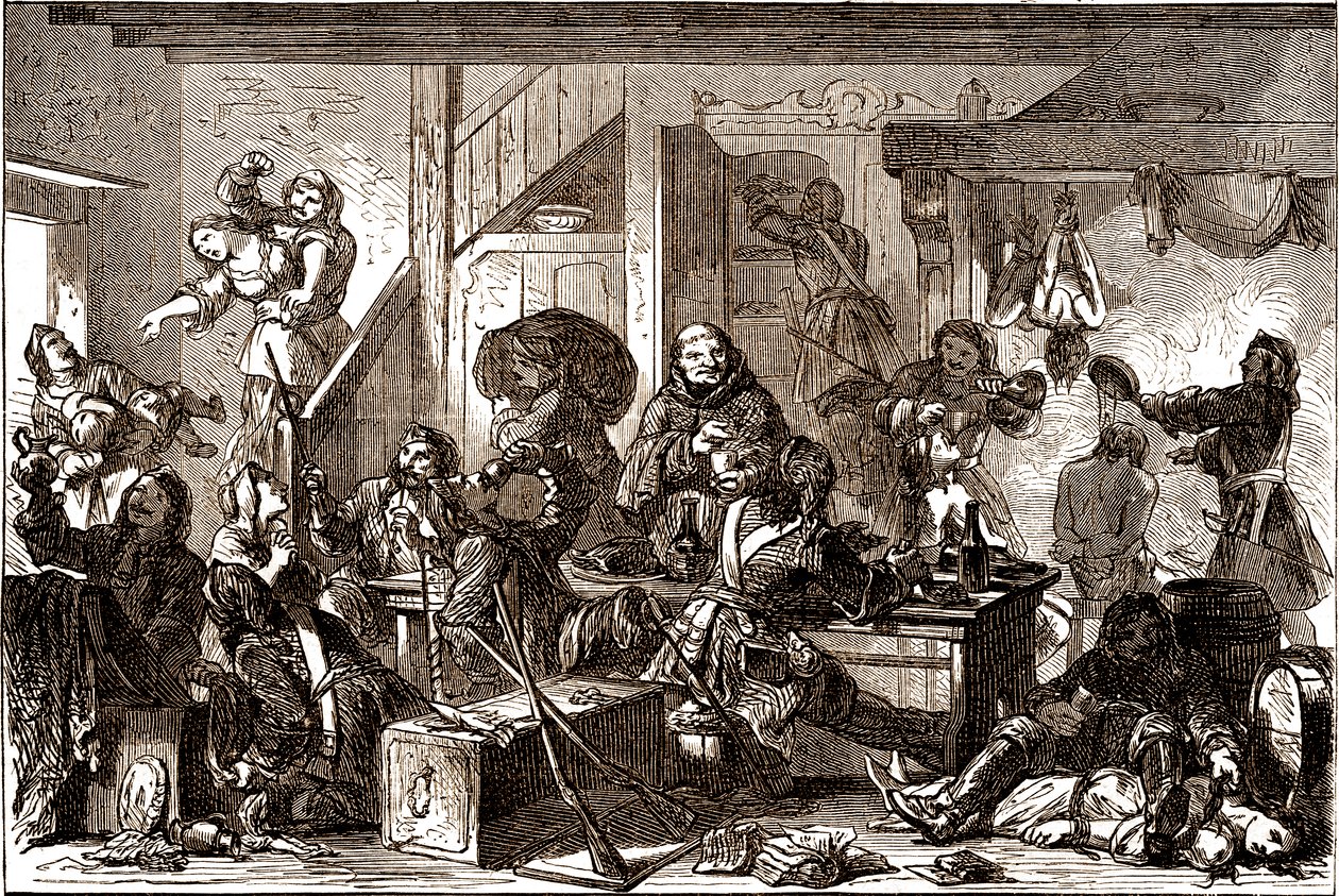 Dragonnades: perseguições dirigidas contra as comunidades protestantes do Reino de França durante a década de 1680. Século XIX (gravura) de George Roux