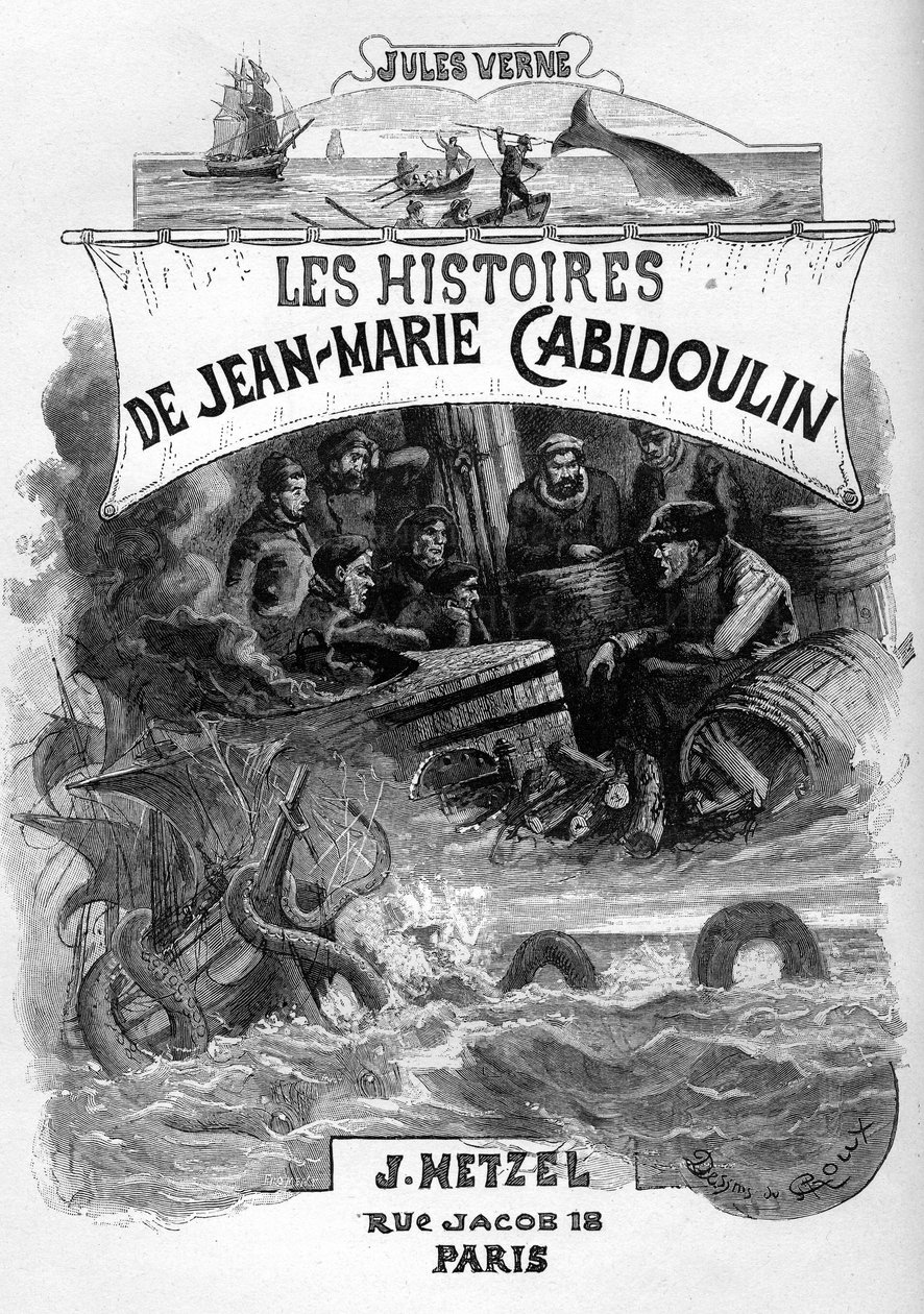 Frontispício do romance de Júlio Verne "Les histoires de Jean-Marie Cabidoulin" (1901), Coleção Hetzel/Extraordiaires, ilustração de George Roux. "Evocação de cenas marítimas: arpoamento de uma baleia, ataque de um navio por uma serpente marinha" de George Roux