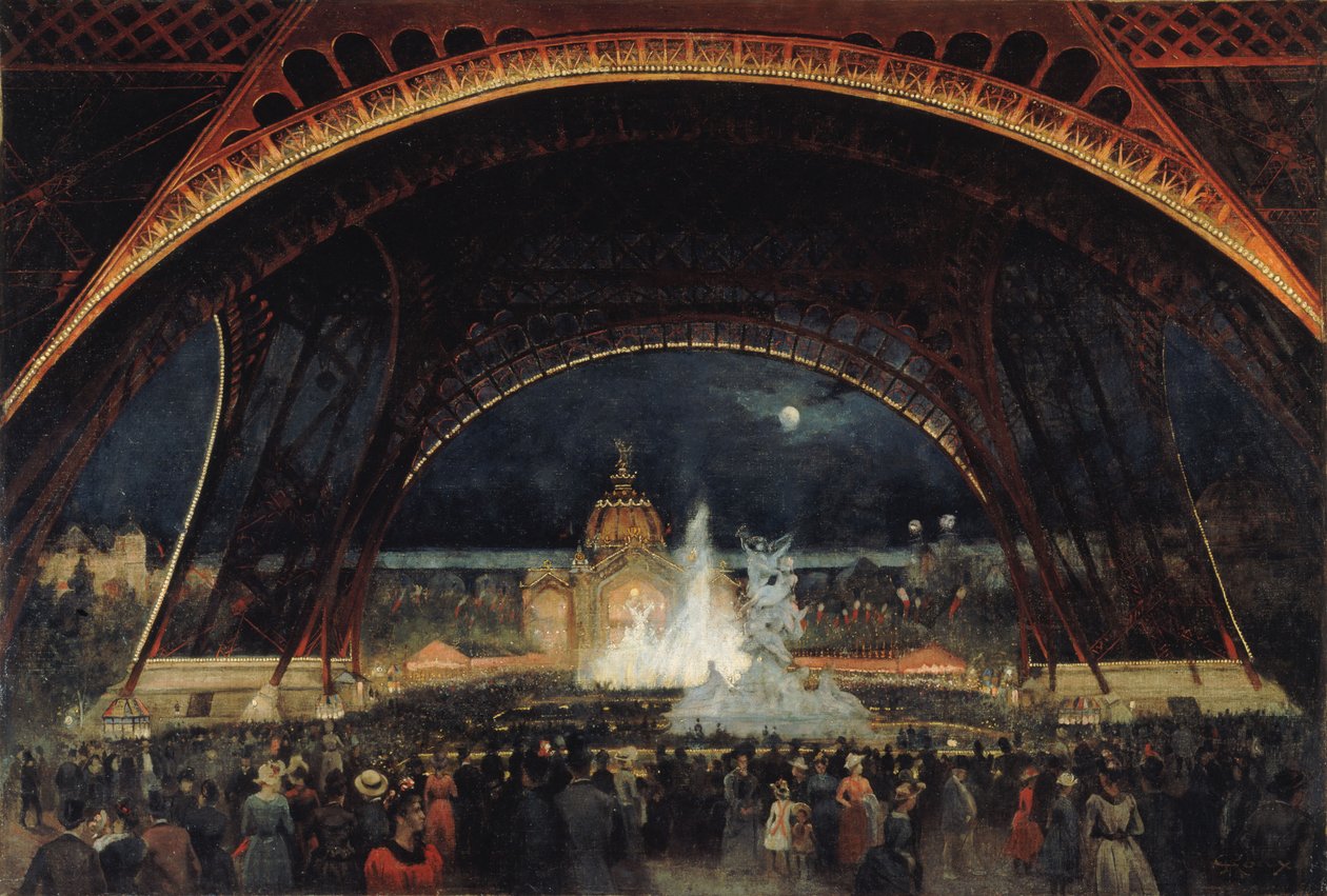Festa noturna na Exposição Universal de 1889, sob a Torre Eiffel, c. 1889. de George Roux