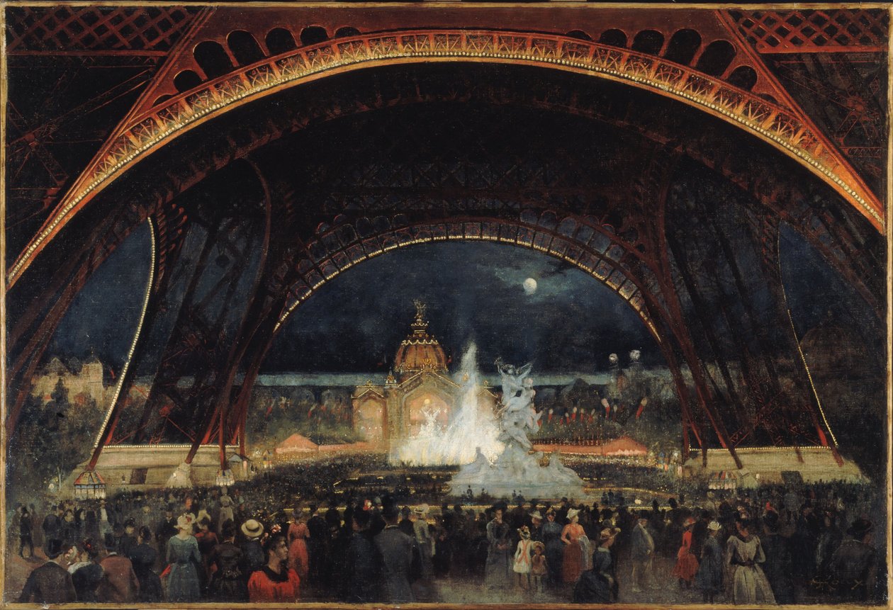 Festa nocturna na Exposição Universal de 1889, sob a Torre Eiffel, ca. 1889 (óleo sobre tela) de George Roux