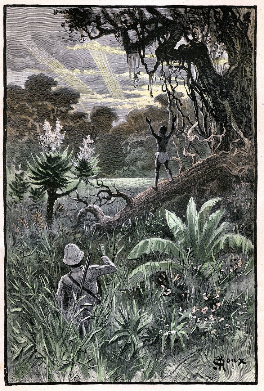 Ilustração de George Roux para o livro de Júlio Verne "A Aldeia Aérea" (1901), edição Hetzel/Viagens Extraordinárias, Mundos Conhecidos e Desconhecidos. Vista de uma floresta africana (Congo). de George Roux
