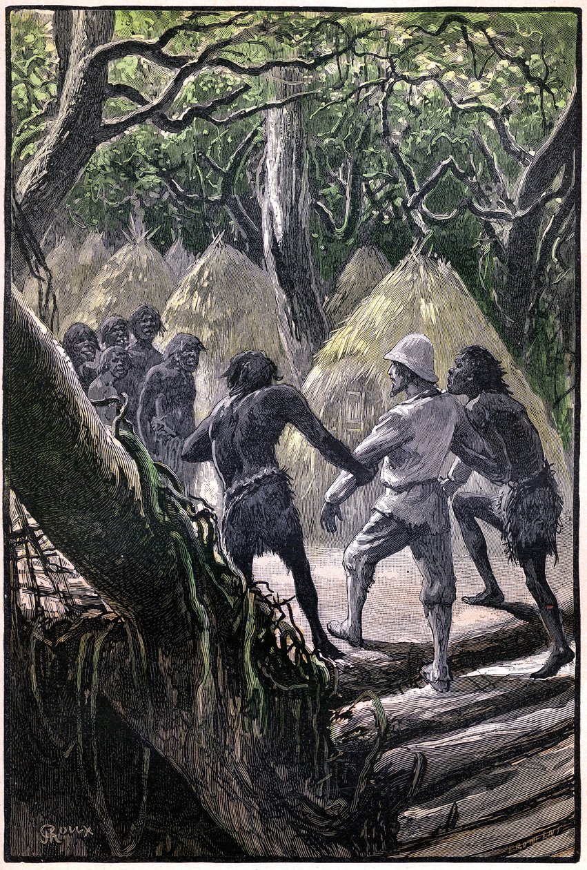 Ilustração de George Roux para o livro de Júlio Verne "A Aldeia Aérea" (1901), edição Hetzel/Viagens Extraordinárias, Mundos Conhecidos e Desconhecidos. Chegada dos exploradores à aldeia empoleirada nas árvores dos Wagddis (macacos da floresta congolesa) de George Roux