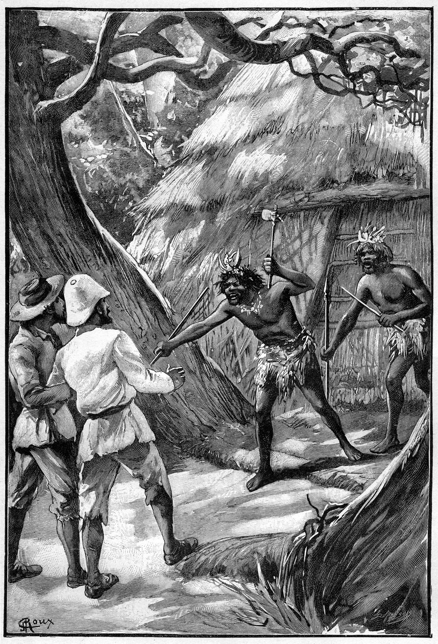 Ilustração de George Roux para o livro de Júlio Verne A Aldeia Aérea (1901), edição Hetzel/Viagens Extraordinárias, Mundos Conhecidos e Desconhecidos. Duas Sentinelas de Wagdiss ameaçam os exploradores com as suas armas ramificadas de George Roux