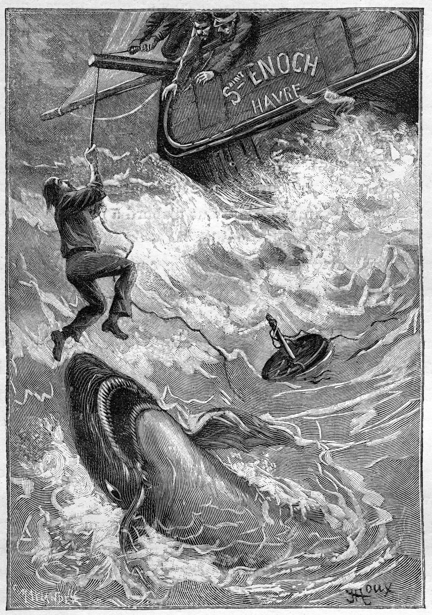 Romance de Júlio Verne "Les histoires de Jean-Marie Cabidoulin" (1901), Coleção Hetzel/Extraordiaires, ilustração de George Roux. "Cena marítima: marinheiro atacado por tubarão no Oceano Pacífico" de George Roux