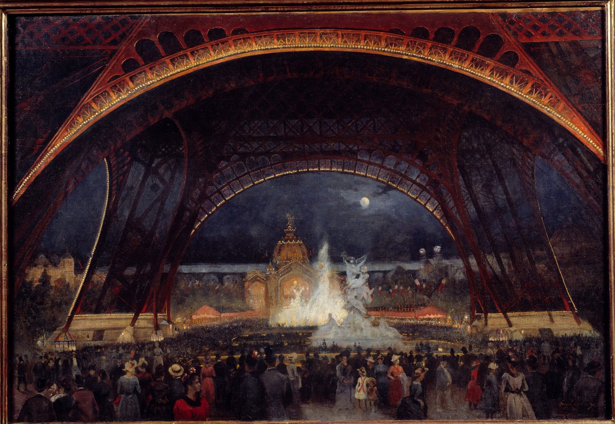 Festa noturna na Exposição Universal de 1889 sob a Pintura da Torre Eiffel de Georges Roux (século 19) 1889 Sol. 0,95x0,65 m Paris, Musee Carnavalet de George Roux