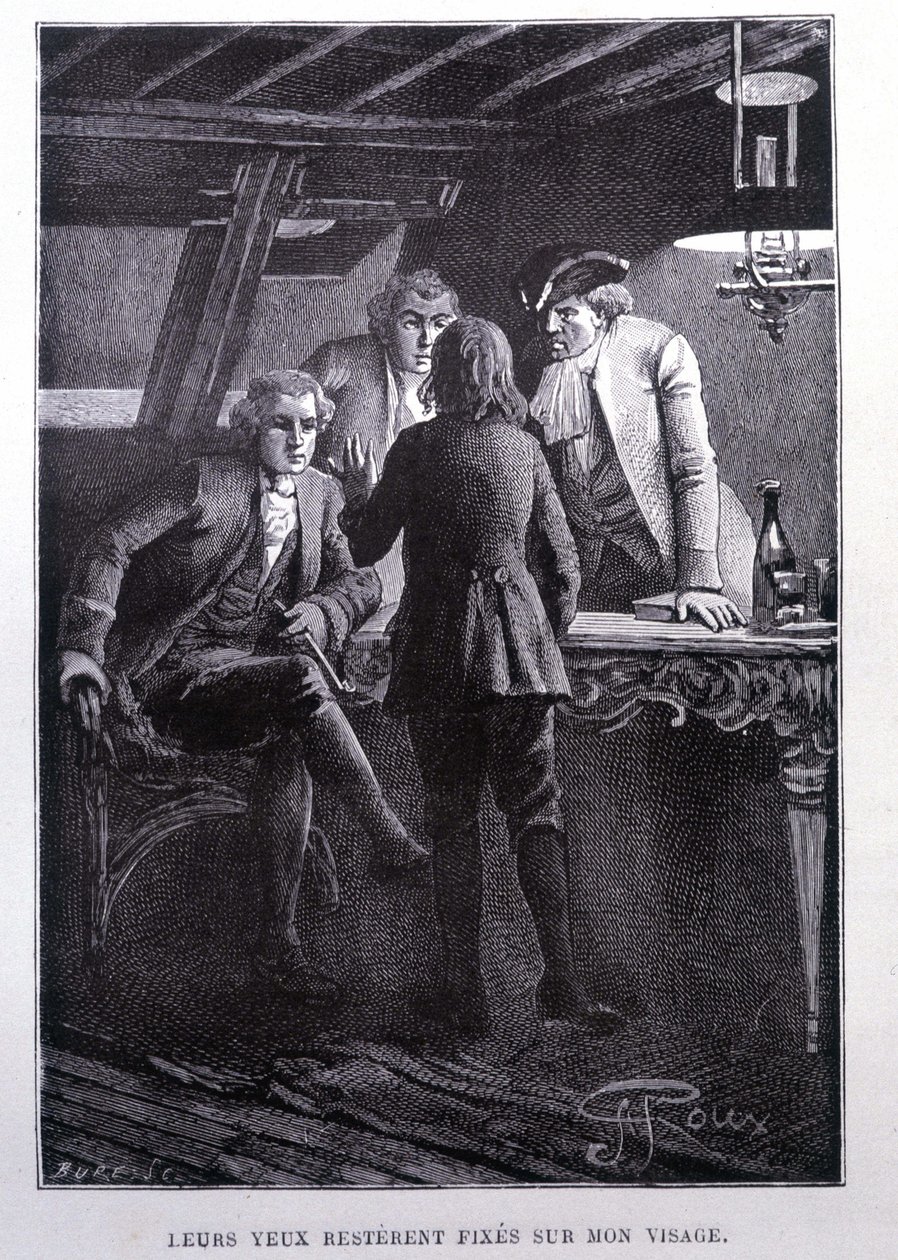 Cena da história na praça do navio: o jovem Jim Hawkins na frente do Dr. Livesey e do Chevalier Trelawnay - na "L