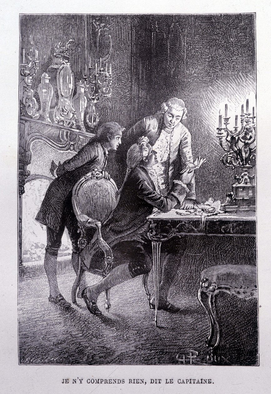 O jovem Jim Hawkins, Chevalier Trelawnay e Doctor Livesey reconciliam-se numa sala - em "L