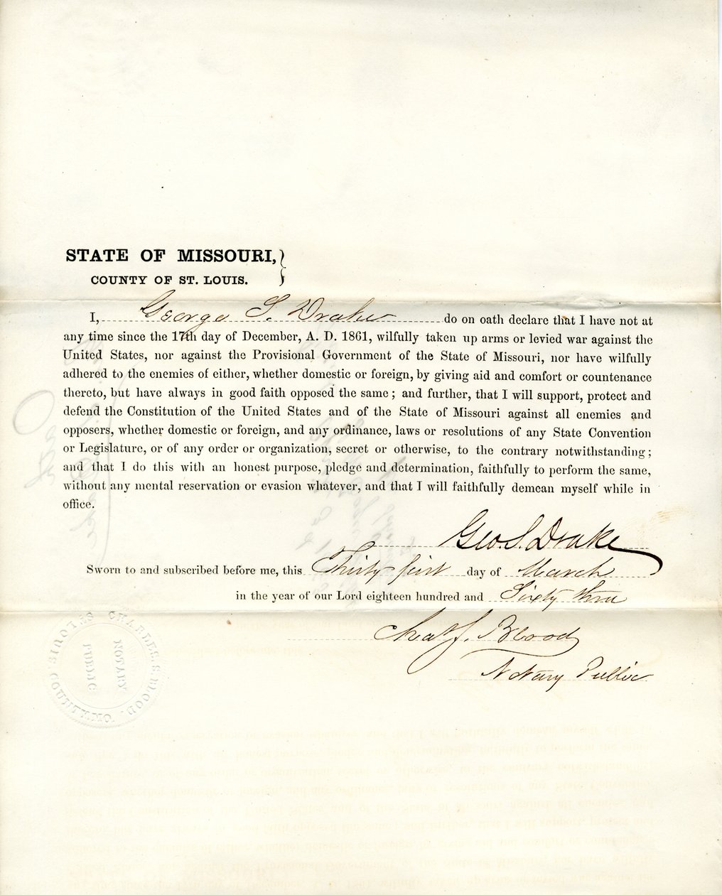 Juramento de lealdade de George S. Drake do Missouri, Condado de St. Louis de George S. Drake