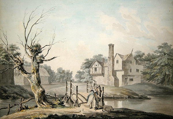 Figuras rústicas atravessando uma ponte perto de uma casa de fazenda (caneta e tinta, lavagem de tinta e aquarela sobre papel) de George Samuel