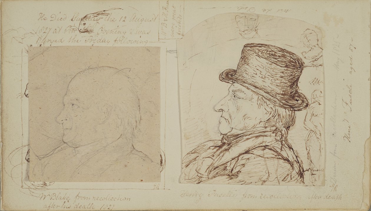 Estudos de coelhos com retratos sobrepostos de William Blake e Henry Fuseli (grafite e tinta sobre papel) de George Samuel
