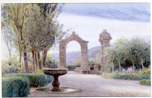 Um jardim italiano com uma fonte e dois arcos de George Samuel Elgood