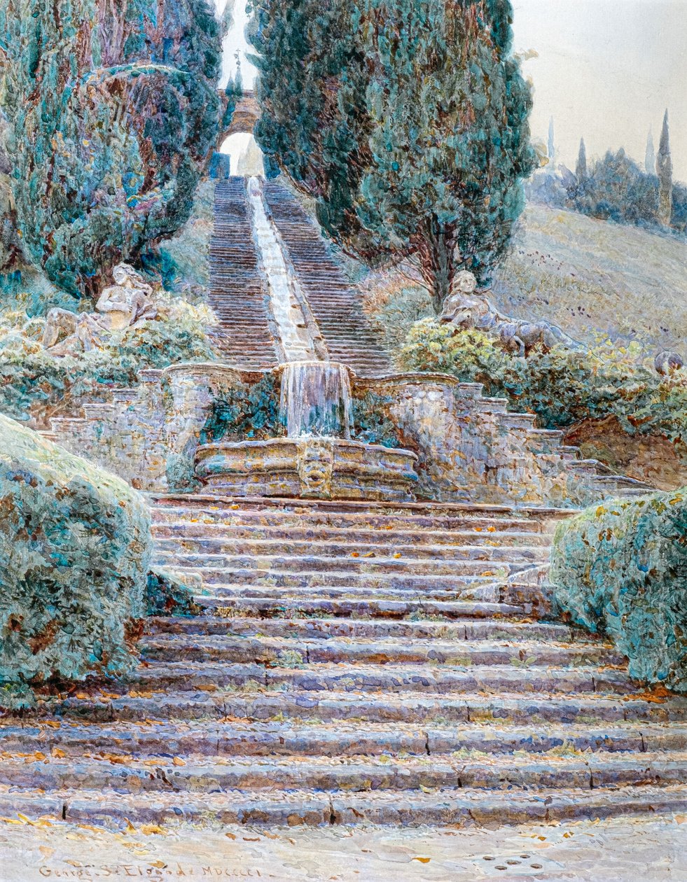 A cascata da Villa Cicogna, Itália 1901 (aguarela) de George Samuel Elgood