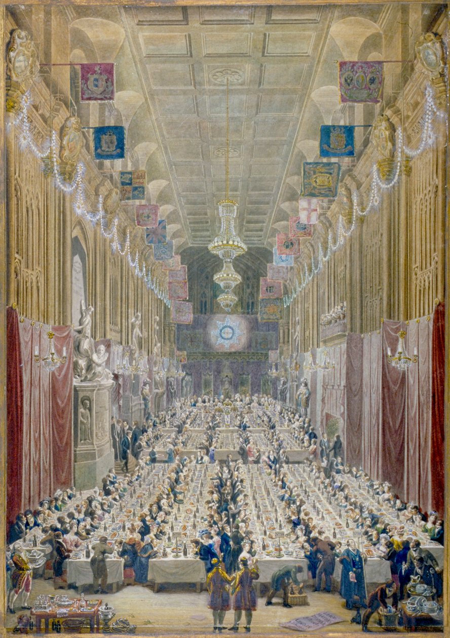 Vista do Jantar do Lord Mayor no Guildhall, City of London, 1828 de George Scharf