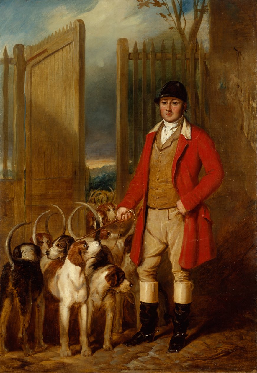 Um caçador de canil e cães de caça no exterior de um pátio de tração (óleo sobre tela) de George Sebright