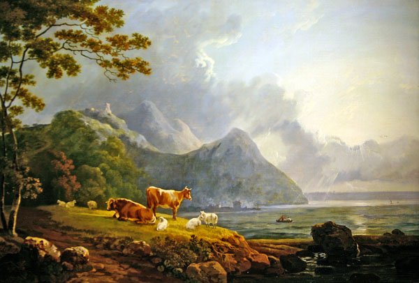 Uma Paisagem Extensiva com Ovinos e Vacas (óleo sobre tela) de George Senior Barrett