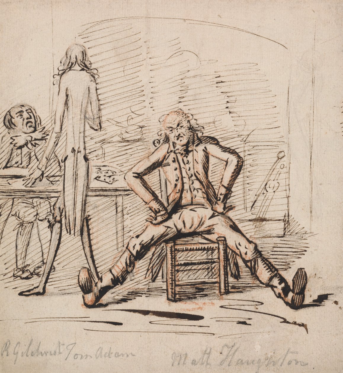 Três homens numa sala: Gilchrist sentado à mesa, Tom Adam de pé, visto de trás, e Matt Haughton sentado Pernas estendidas e armas Akimbo antes de um incêndio de George Shepheard