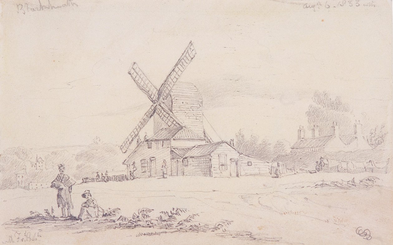 Vista do moinho com um moinho de vento em Blackheath, Greenwich, Londres, 1833 de George Shepheard