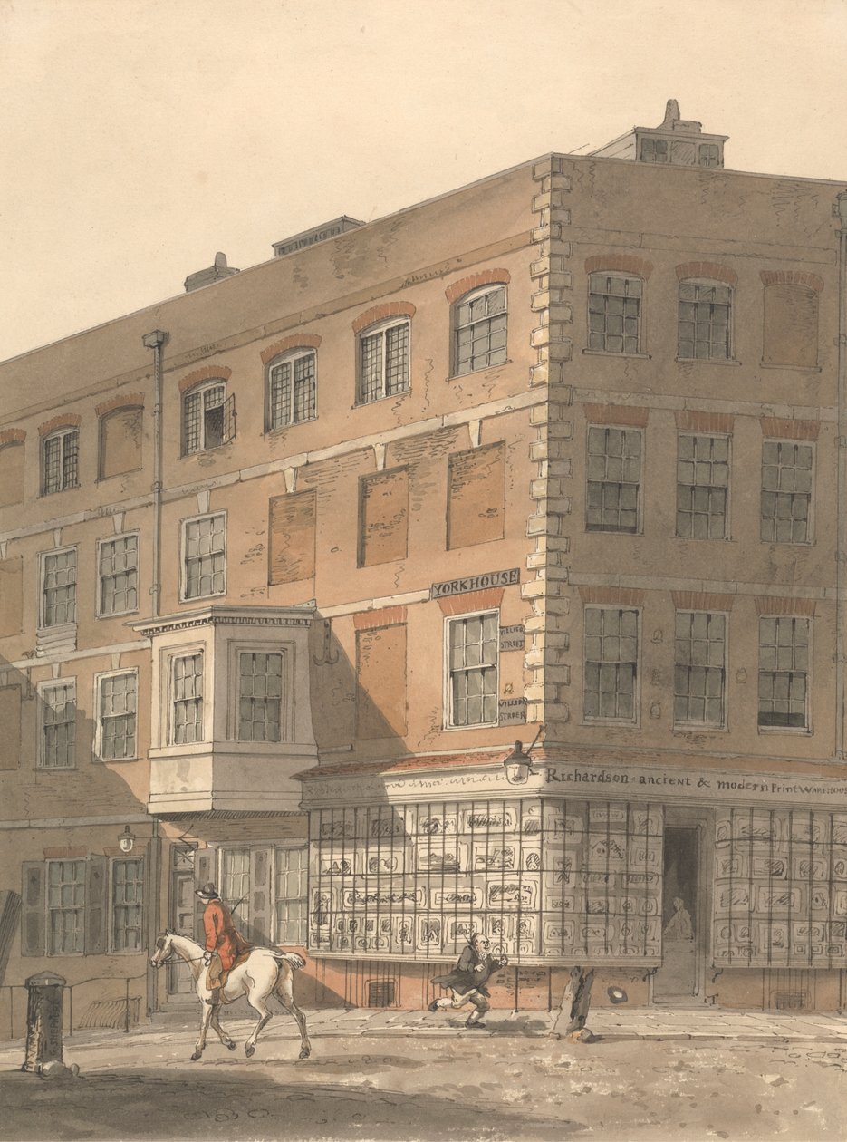 York House, a esquina da Villiers Street com a Strand, com o Ancient and Modern Print Warehouse da Richardson em primeiro plano de George Shepheard