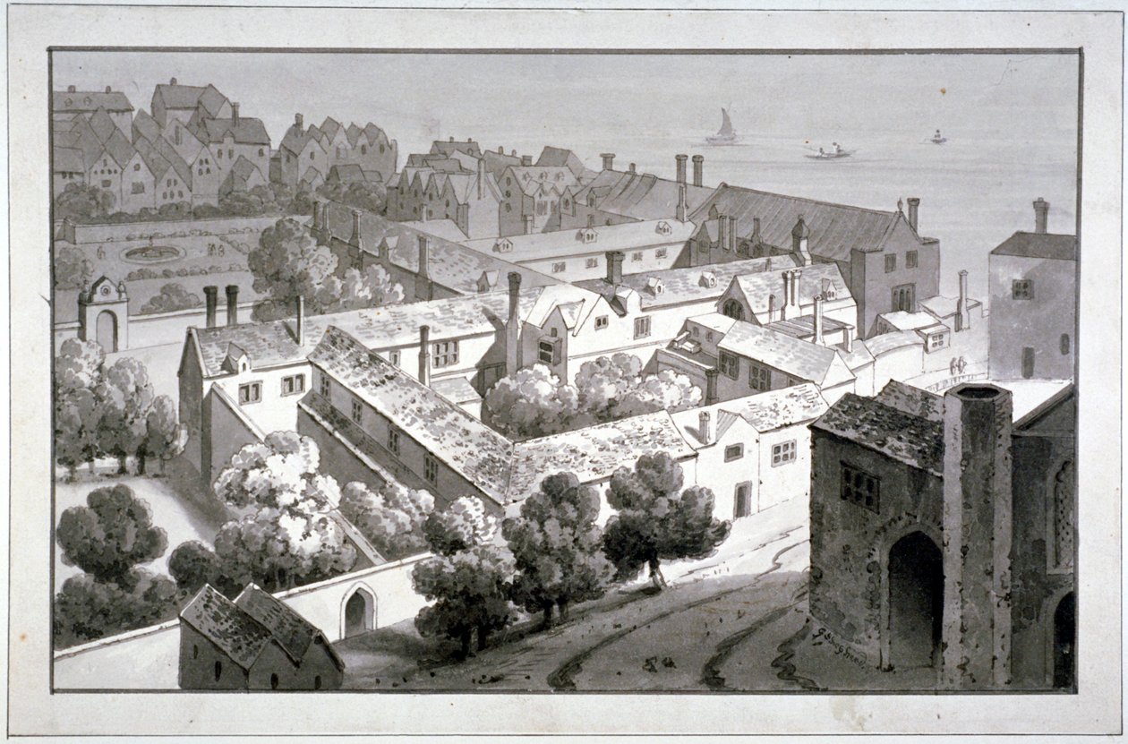 Vista aérea do Palácio do Bispo de Winchester, Southwark, Londres, c1820. de George Shepherd
