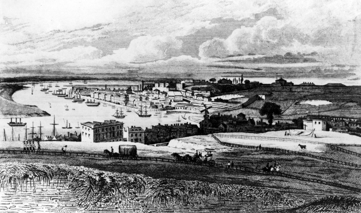 Chatham Dockyard de Port Pitt, gravado por R. Roffe, publicado na "História de Kent" da Irlanda, publicado em 1831 de George Shepherd