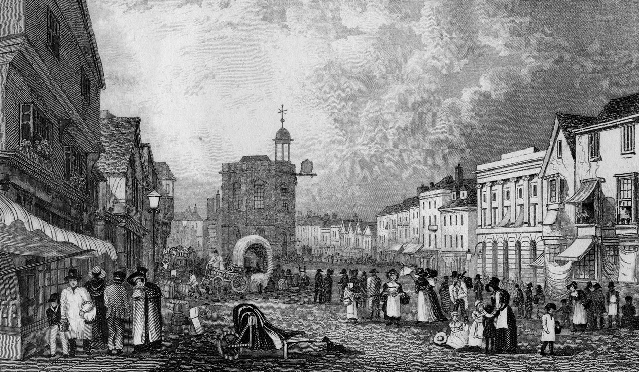 High Street, Maidstone, um dia de mercado, gravado por S. Lacey, publicado em 1832 de George Shepherd