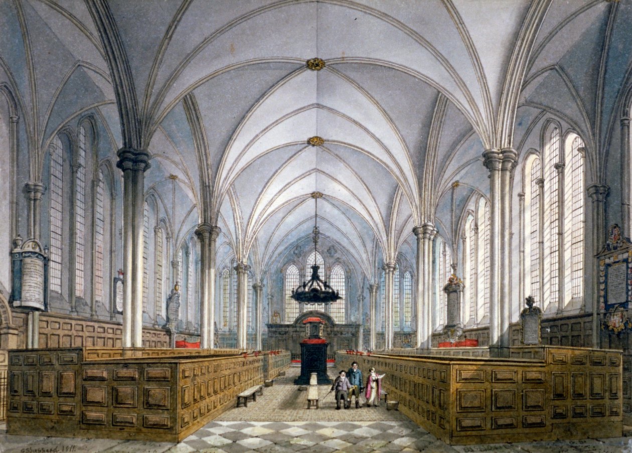 Vista interior da Temple Church, Londres, 1811. de George Shepherd