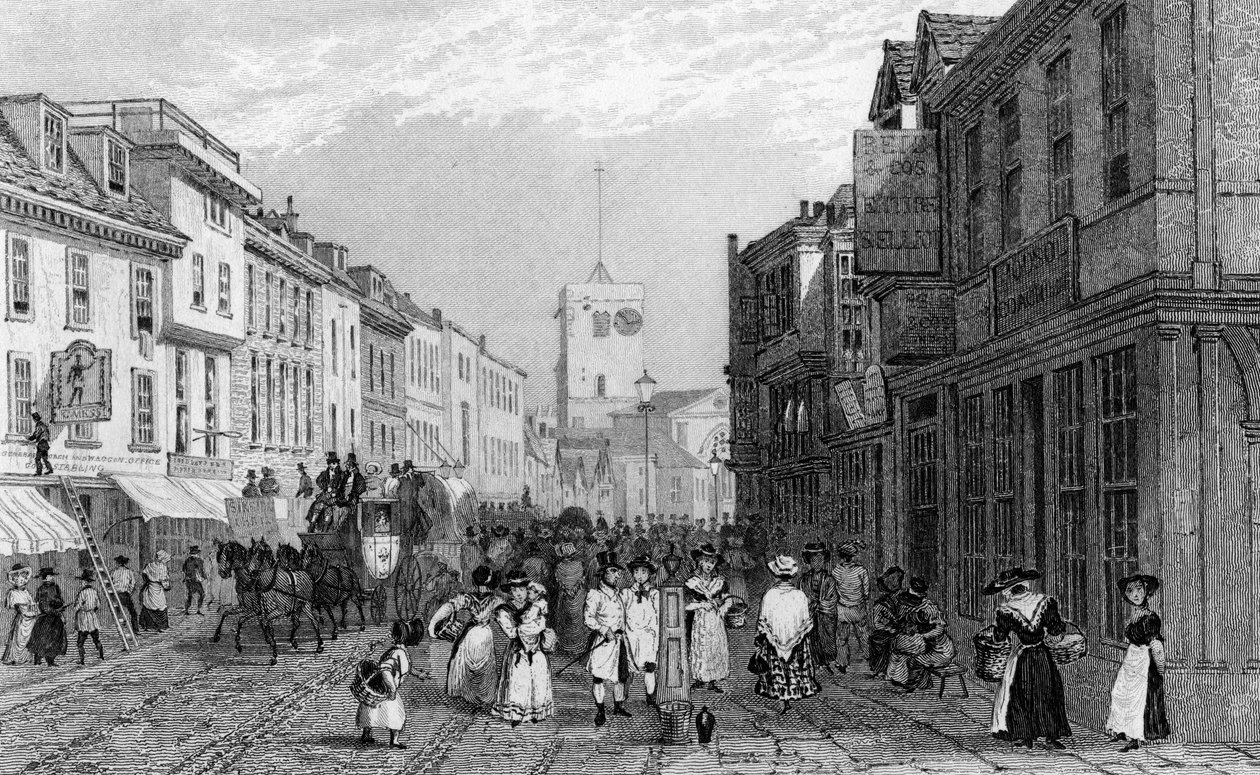Dia de mercado em Dartford, Kent, gravado por Henry Adlard, c.1830 de George Shepherd