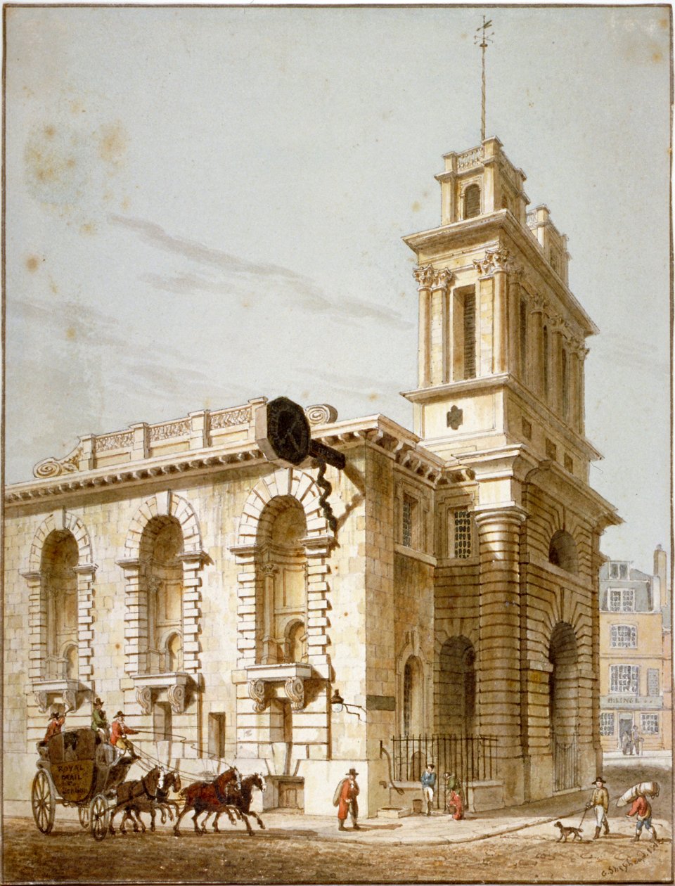 Vista noroeste da Igreja de St Mary Woolnoth, cidade de Londres, 1812 de George Shepherd