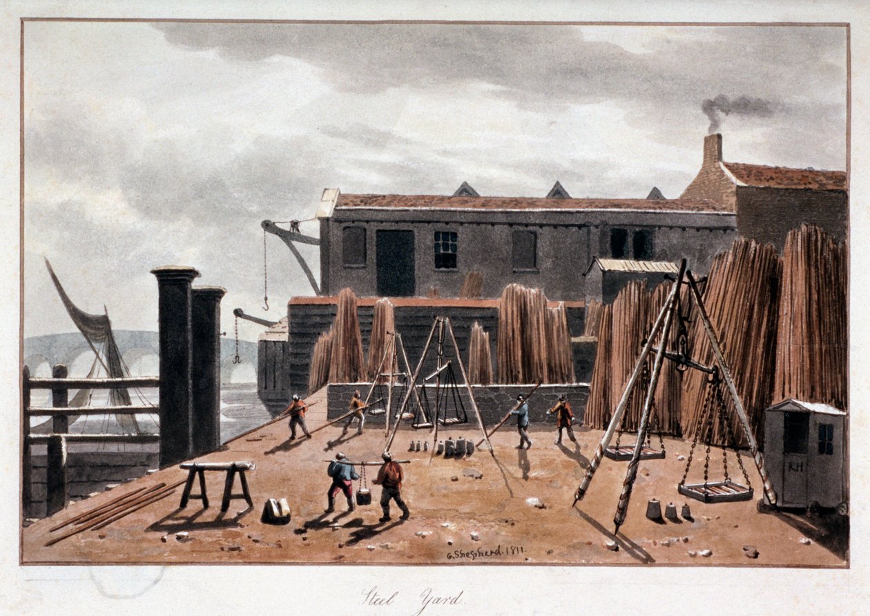 Vista do Steelyard Wharf, Londres, 1811 de George Shepherd
