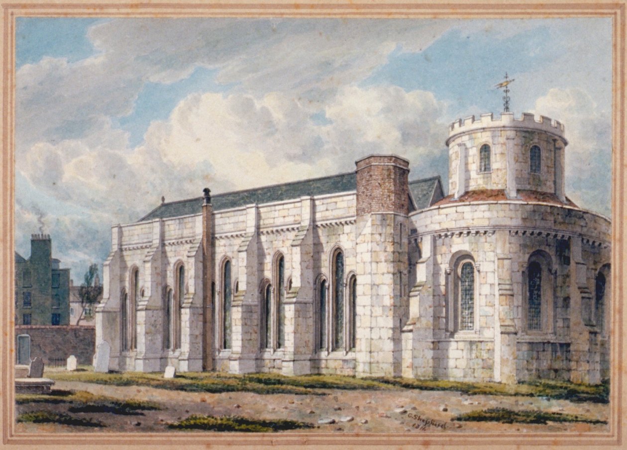 Vista da Igreja do Templo do outro lado do cemitério, Cidade de Londres, 1811 de George Shepherd