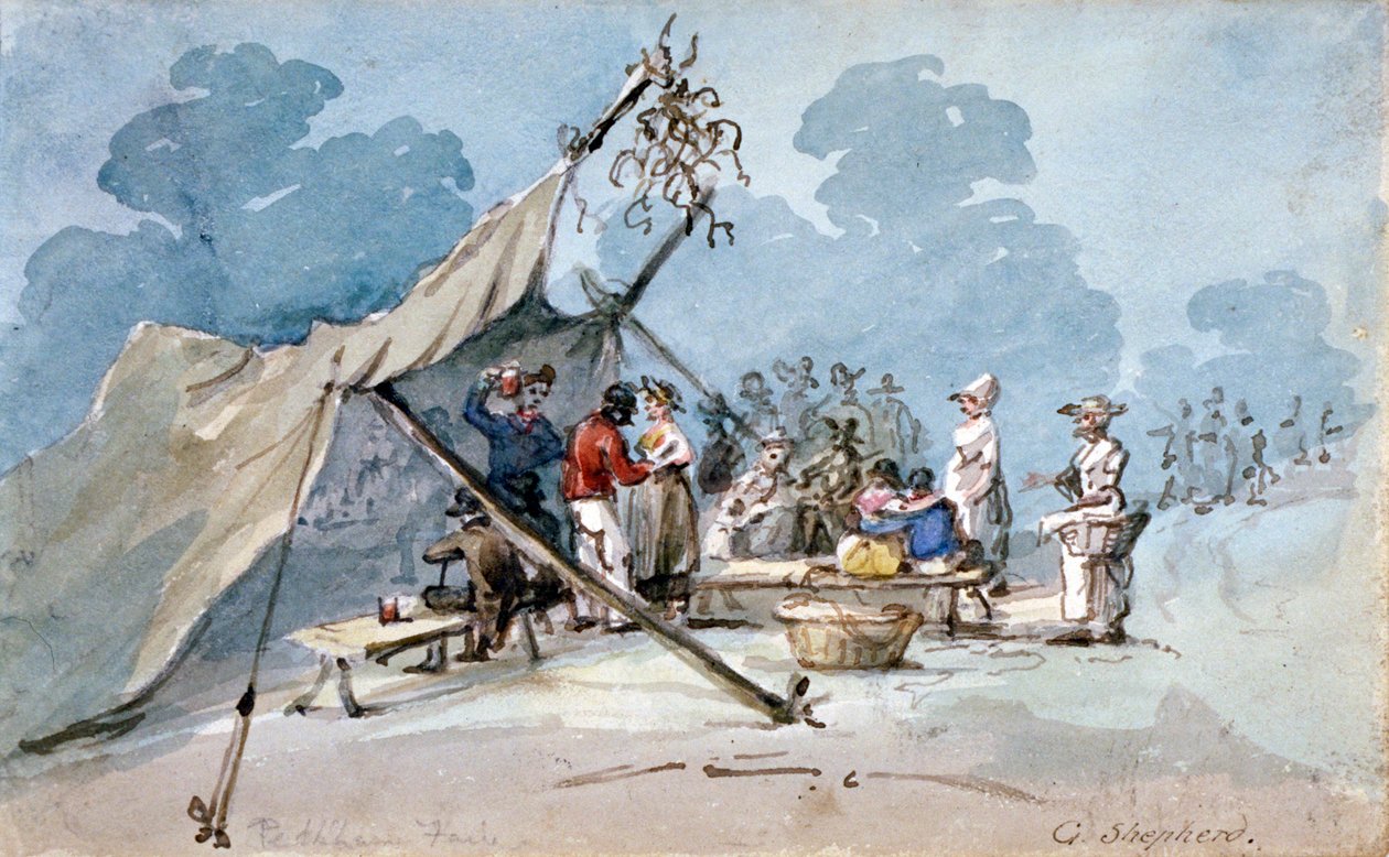 Vista de pessoas participando da Peckham Fair, Londres, c1820 de George Shepherd