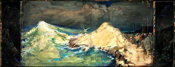 Baptismo de Dylan, Son the Wave (aguarela com cor de corpo e tinta dourada sobre seda) de George Sheringham