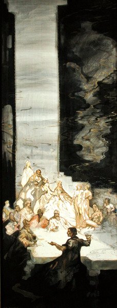 O Conto de Kynon, o filho de Clydno, quando o Rei Artur estava em Caerllan sobre Usk (aguarela com cor de corpo e tinta dourada sobre seda) de George Sheringham
