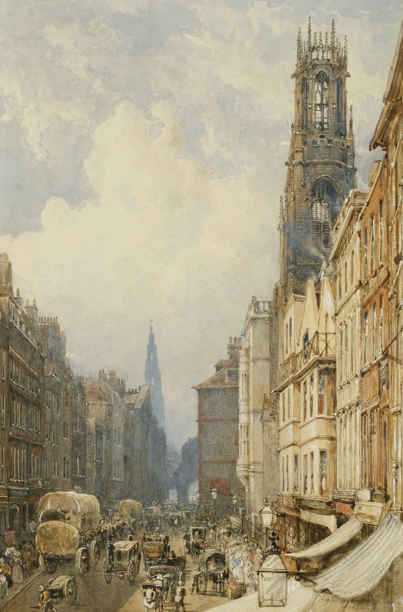 Fleet Street olhando para Temple Bar com Old St. Dunstans e St. Clement Danes, 1834 de George Sidney Shepherd