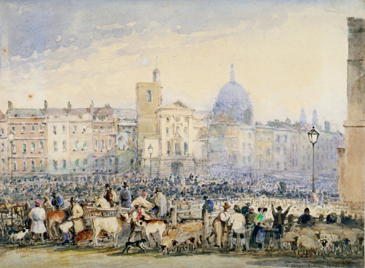Vista do Smithfield Market com figuras e animais, City of London, 1824. de George Sidney Shepherd