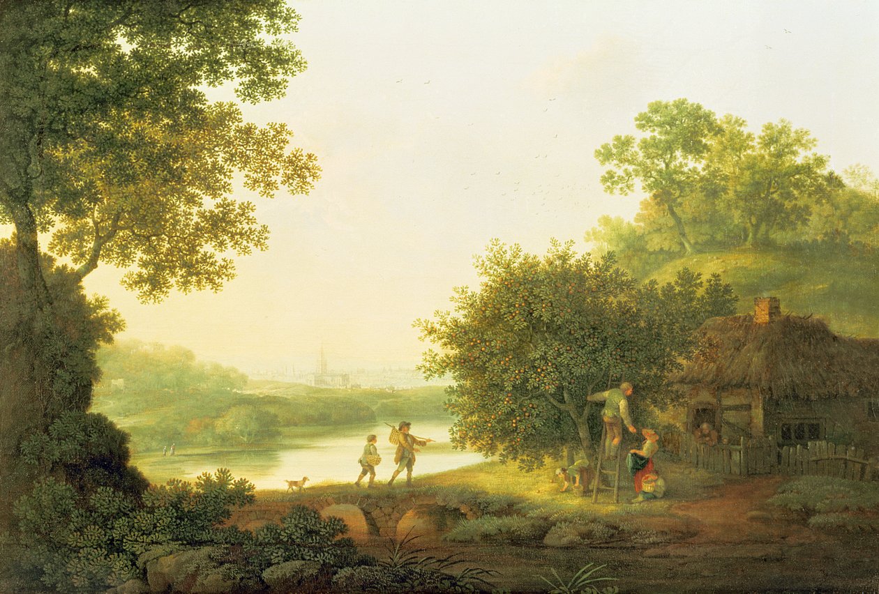 Applepickers, por um chalé em uma paisagem arborizada com Chichester além de George Smith
