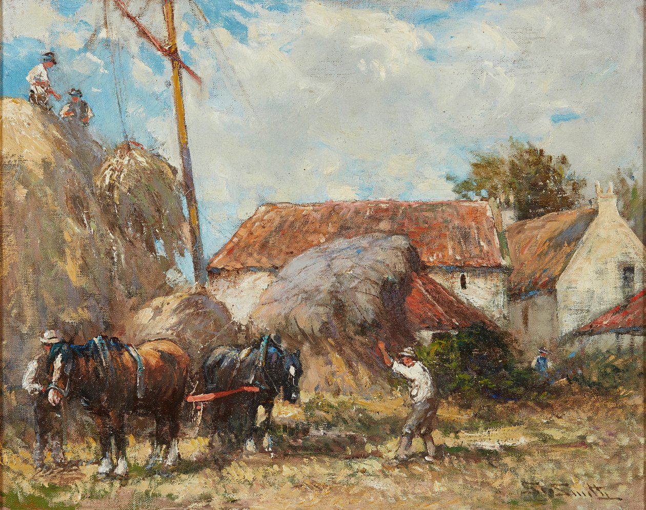 Trabalhando a polia de feno (óleo sobre tela) de George Smith