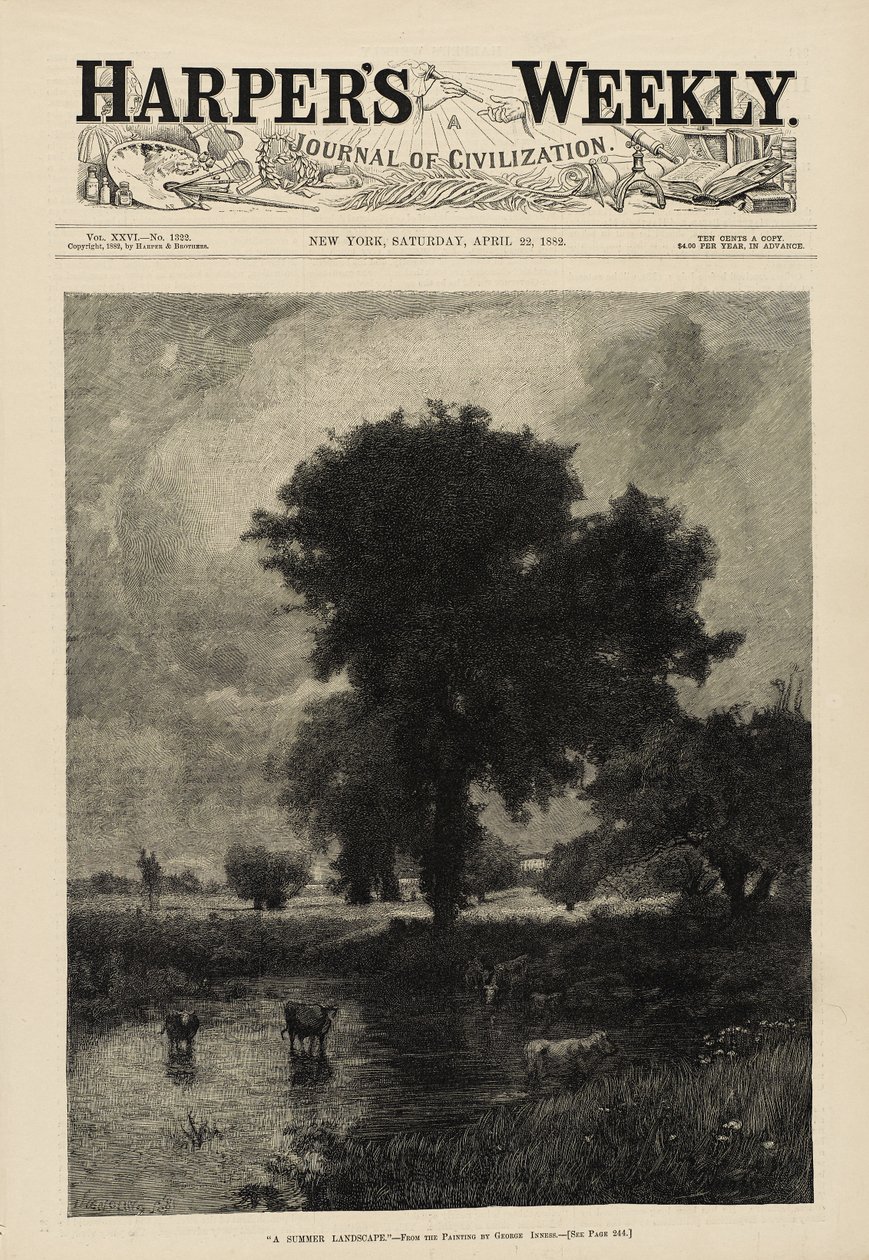 Gado na piscina (uma paisagem de verão) (capa da Harper&39;s Weekly, 22 de abril de George Snr. Inness