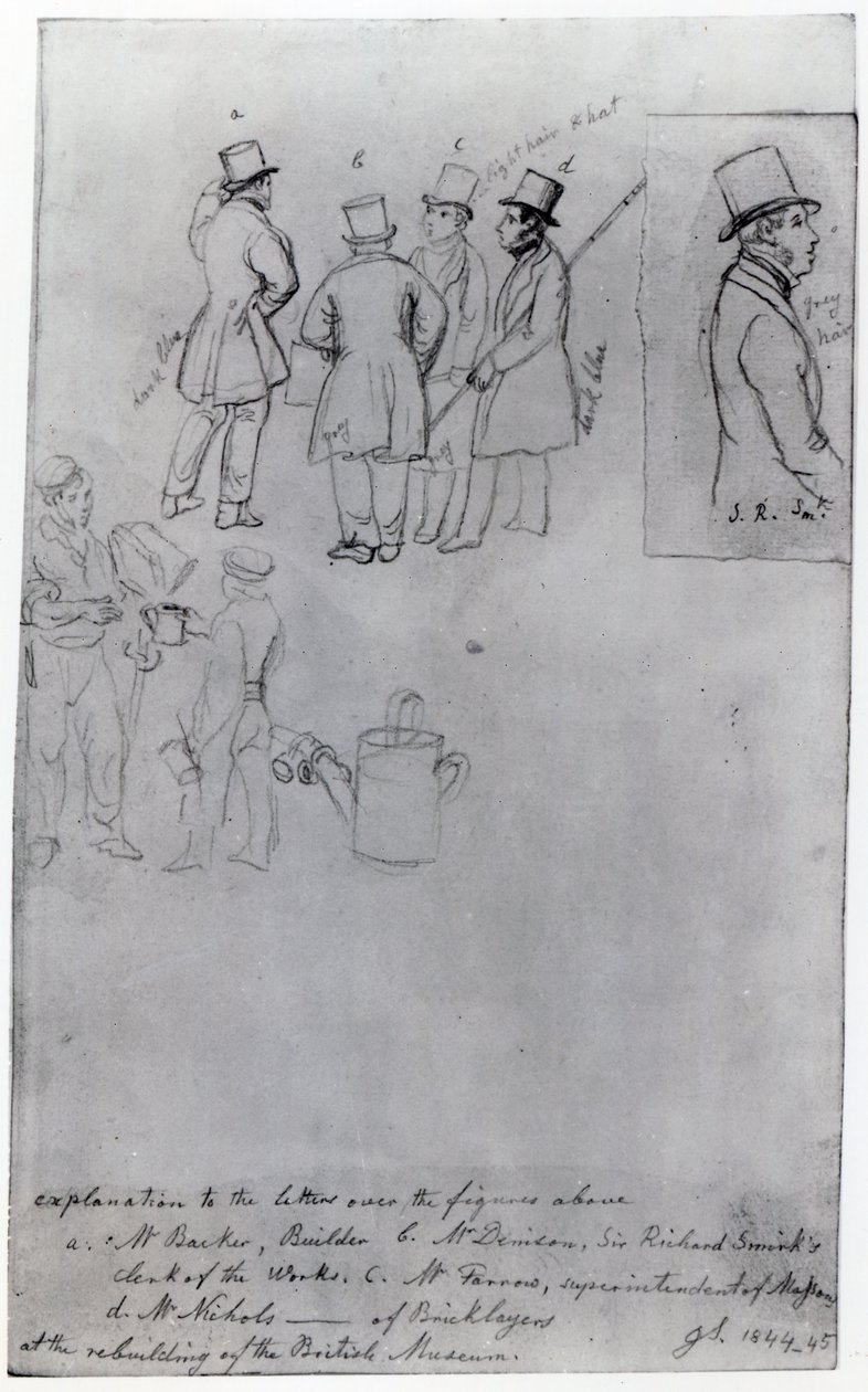Construtores e agrimensores na reconstrução do Museu Britânico, 1844 (lápis sobre papel) de George Snr Scharf