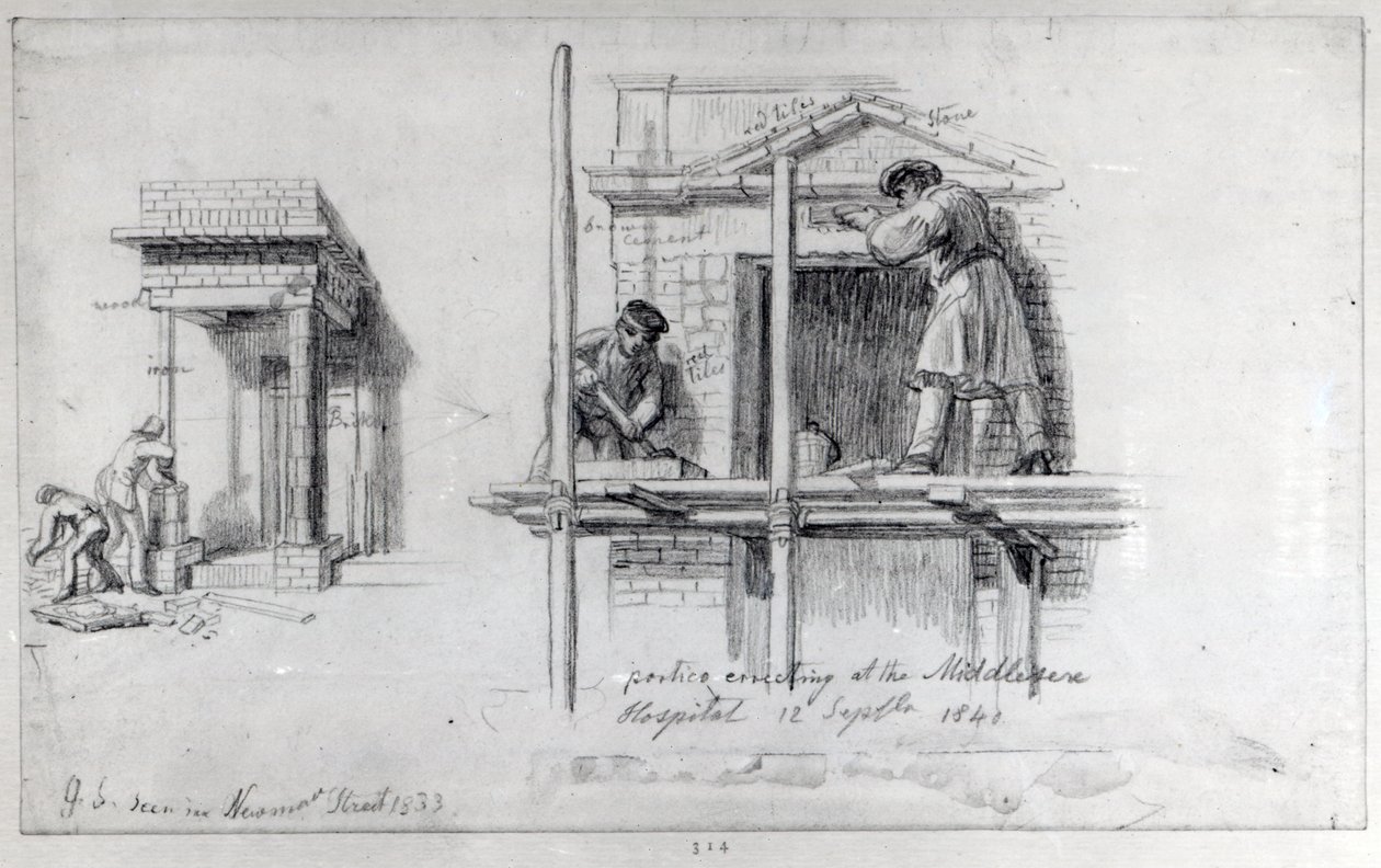 Erigindo Porticos em Newham Street e Middlesex Hospital, Londres, 1833 e 1840 de George Snr Scharf