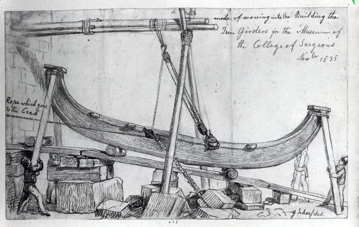 Movendo as vigas de ferro usadas para construir o Museu Hunterian no Royal College of Surgeons, 1835 de George Snr Scharf