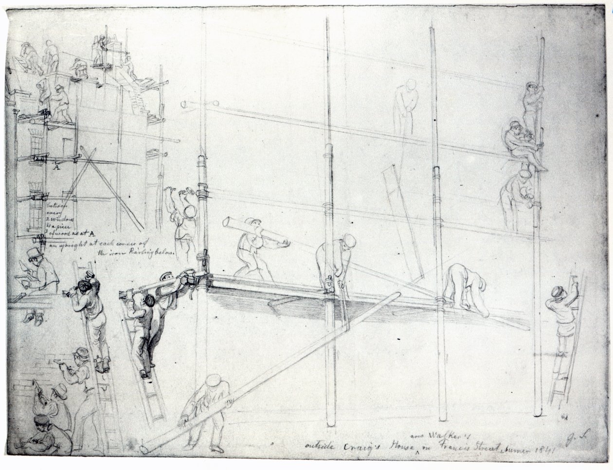 Colocando Andaimes do lado de fora da Casa de Craig, Francis Street, Londres, 1841 de George Snr Scharf